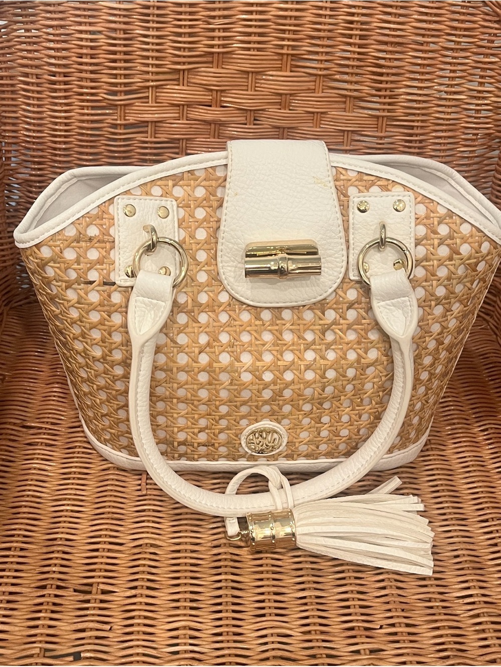 Lilly Pulitzer Natural Woven Tote with White Trim and Gold Hardware
